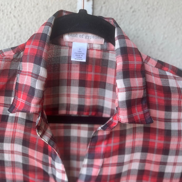 Band of Gypsies red plaid button-up, tunic length, sheer material, size Small - Picture 2 of 8